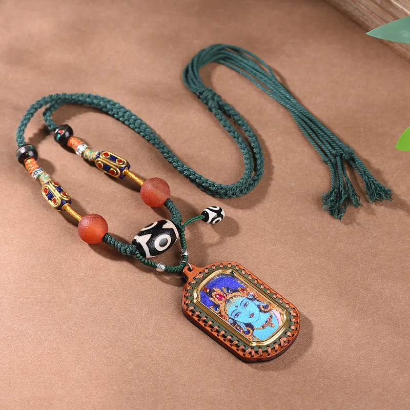 قلادة جلدية تانغكا مرسومة يدويًا على الطراز التبتي القديم Zhakiram Wuye العقيق اللوحة قلادة تعويذة دينية