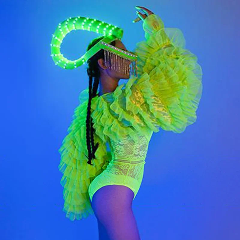 Vivid Fluorescent Green Dancing Costume Sexy Lace Bodysuit with Wig and Stacked Coat