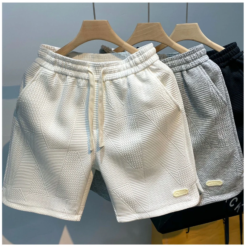 Calça curta esportiva de jogging casual masculina, padrão ondulado, monocromática, short de verão, cordão solto seco, esportes de ginástica