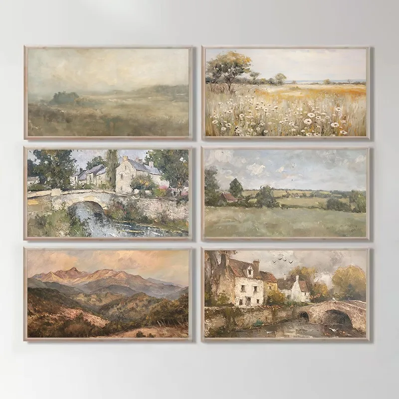 (No frame)French Country Vintage European Villa Farmhouse Flower Meadow Rustic Landscape Poster Canvas Painting Wall Pictures