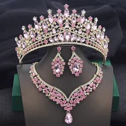 3 pcs Luxury Pink Bridal Jewelry Sets Women Tiaras and Necklace Earrings for Wedding Crown Bride Jewelry Set Prom Accessories
