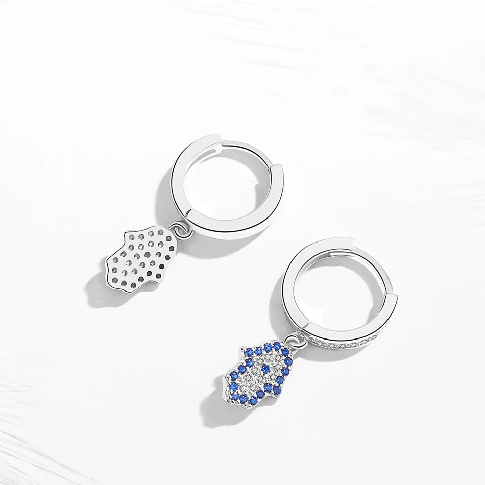 Kaletine 925 Sterling Silver Hamsa Hand Drop Earrings for Women Blue Eye Lucky Turkish Earring Cubic Zircon Fashion Jewelry