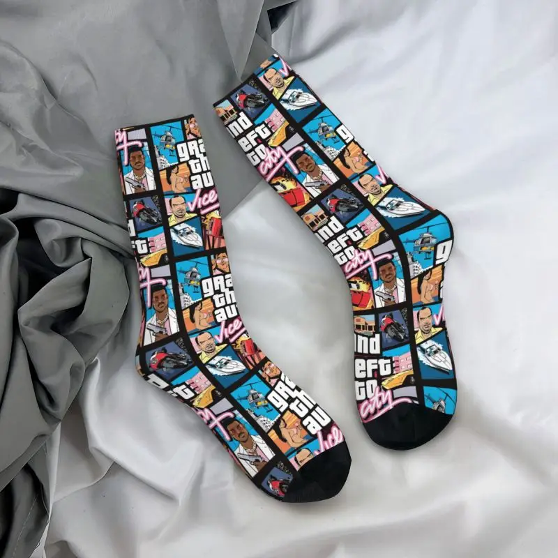 Meias de Aventura Kawaii dos homens Grand Theft Auto Colagem Vestido, Unisex Confortável Quente GTA Crew Socks, 3D Print