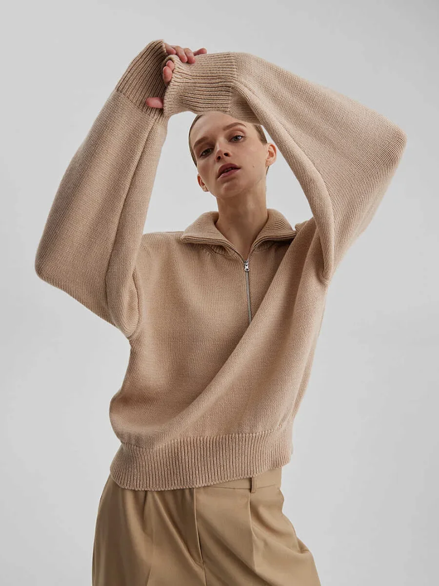 Frauen Pullover Oversize Zipper Gestrickte Pullover Lange Ärmel Einfarbig Lose Damen Pullover Herbst Winter frauen Rollkragen