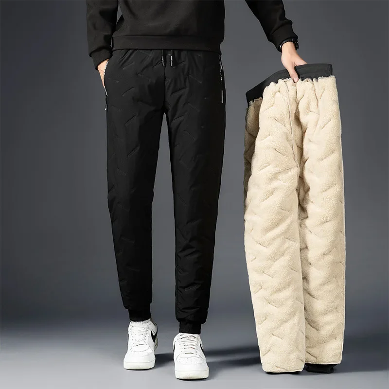 

Men's Winter Fleece Thick Lambswool Warm Sweatpants Casual Water Proof Big-Size Wool Trousers Male Black Gray Joggers Trousers