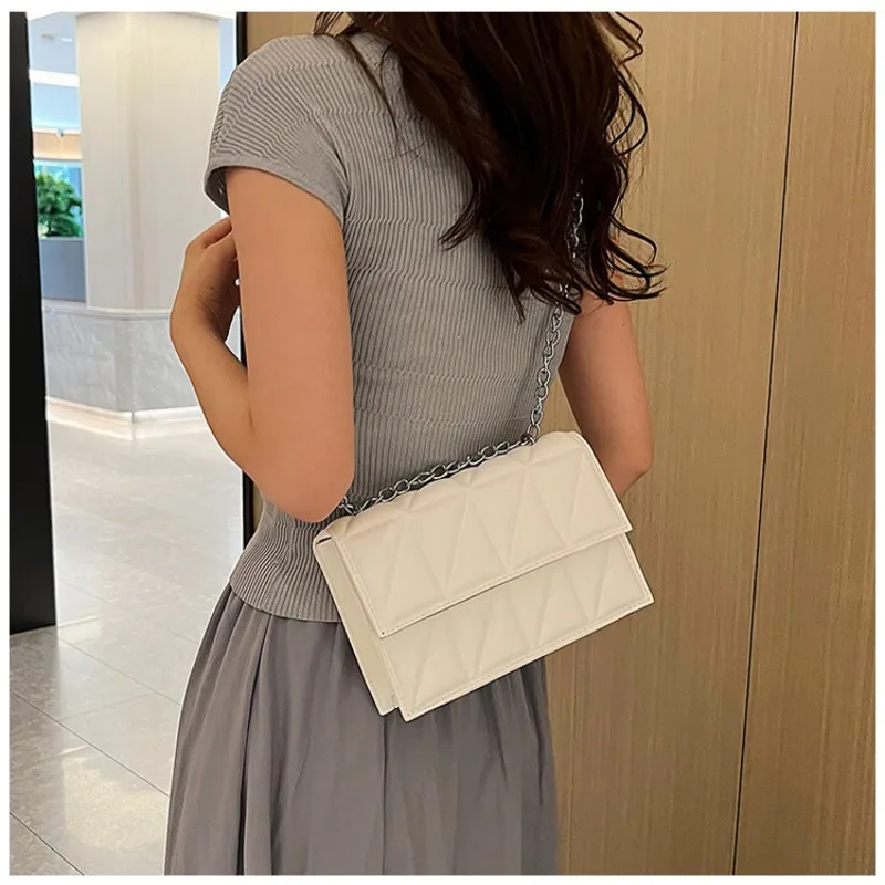 Women Solid Color Leather Shoulder Bag Rhombus Plaid Chain Crossbody Bags Flip Buckle High Quality Underarm Bag Casual Handbag