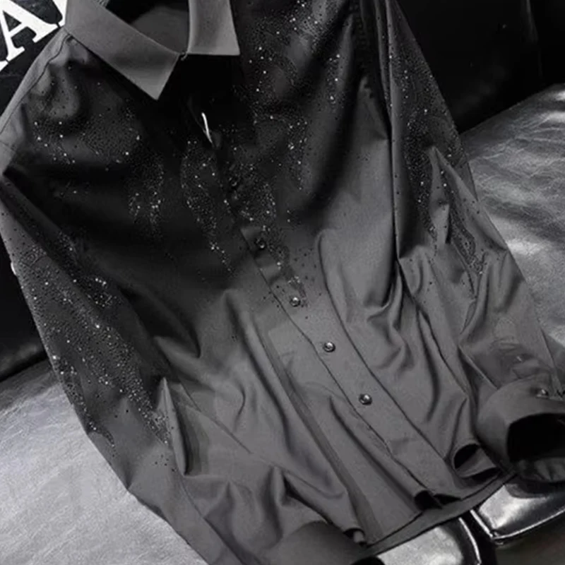 Spring Autumn Fashion Solid Diamonds Men\'s Clothing Shirts American Style POLO Collar Long Sleeve Buttons Loose Chaopai Blouse