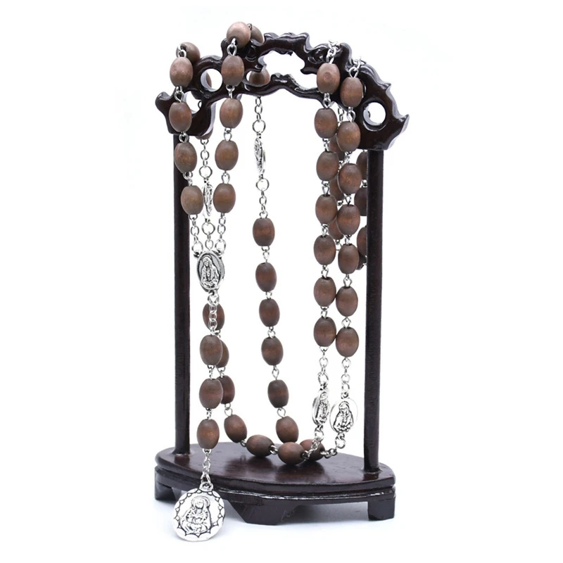 Seven Bitter Necklace Pendant Wooden Beads Virgin Mary Rosary Catholic Religious Pray Jewelry Brown