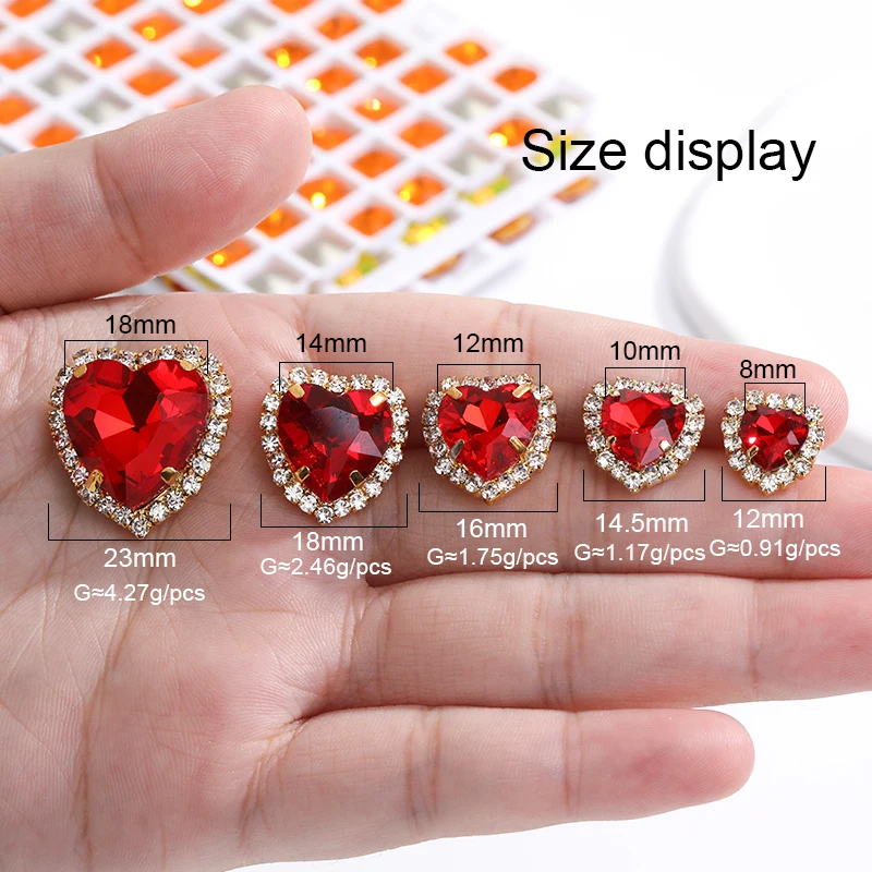 Heart Shape Glass Rhinestones With Claw Sew On Crystal Stone Metal Base Buckle For Clothes Strass Diamond Sewn Rhinestones