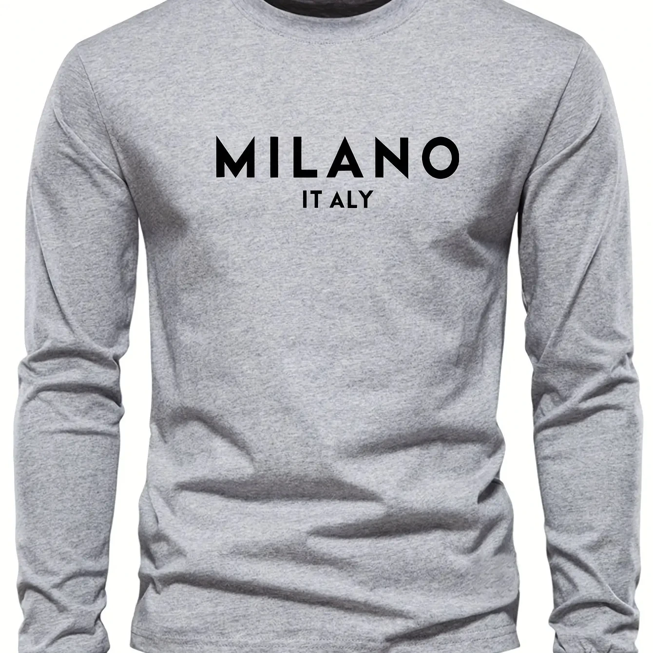 تي شيرت رجالي مريح من القطن الخالص 100% رياضي فضفاض مناسب مقاس كبير ميلانو إيطالي مطبوع برقبة دائرية وأكمام طويلة تي شيرت علوي