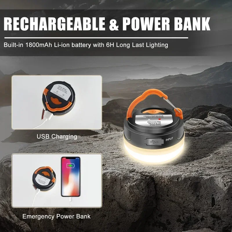 Luz LED portátil de 10W para tienda de campaña, lámpara colgante de noche para senderismo al aire libre, recargable por USB, 1800mAh