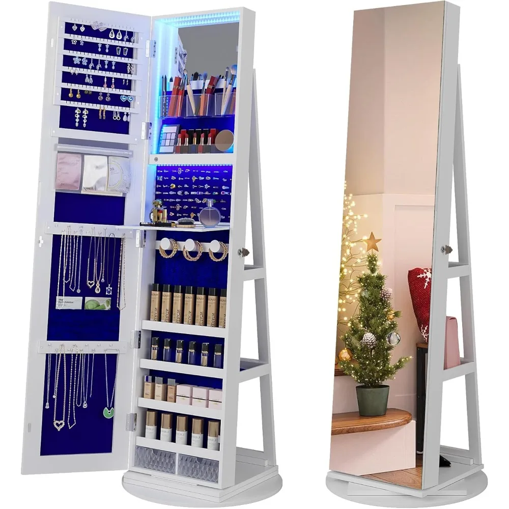 360° Swivel Jewelry Organizer with LED Full-Length Mirror & Storage – 61