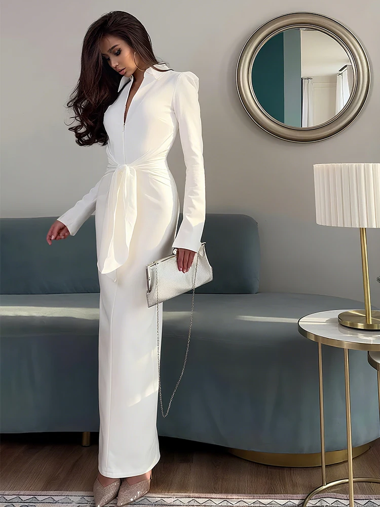 Nibber Schulter Gepolstertes Maxikleid Frauen Sexy Reißverschluss Eingewickelt Bandage Langarm Schlitz Elegant Solide Büro Einfache Dünne Bodycon