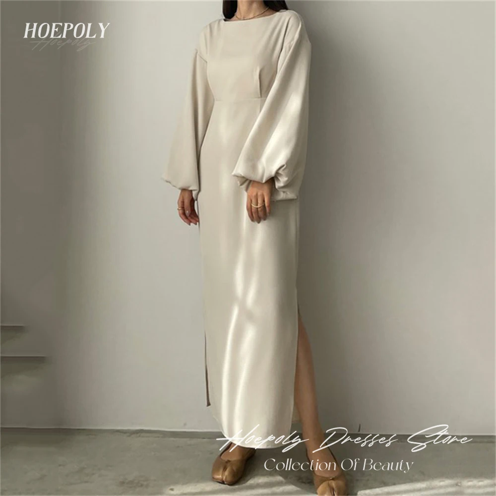 

Hoepoly Formal White O Neck Long Puff Sleeve A Line Long Evening Dress For Woman Ankle Length High Slit Prom Gown New 2023