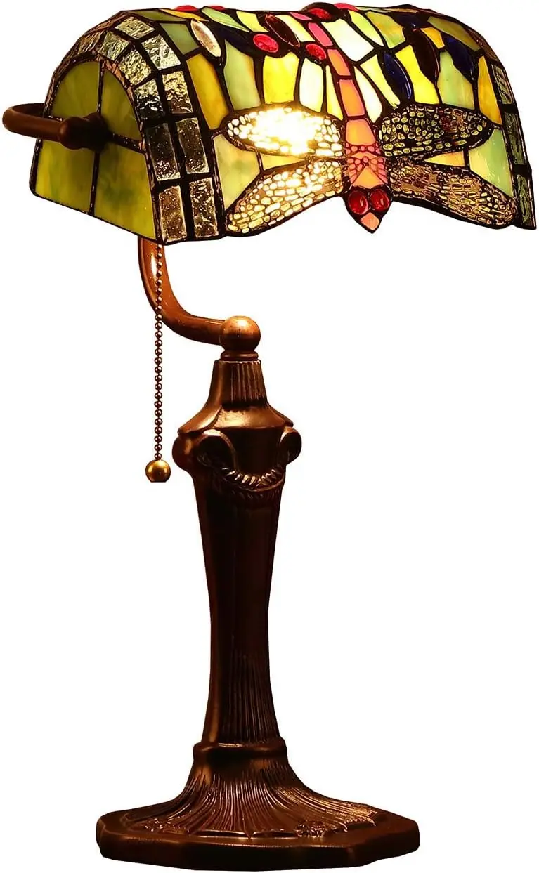 Dragonfly Tiffany Style Stained Glass Banker Table Lamp with 10-inch Wide Lampshade and Zinc Base for Reading Worki