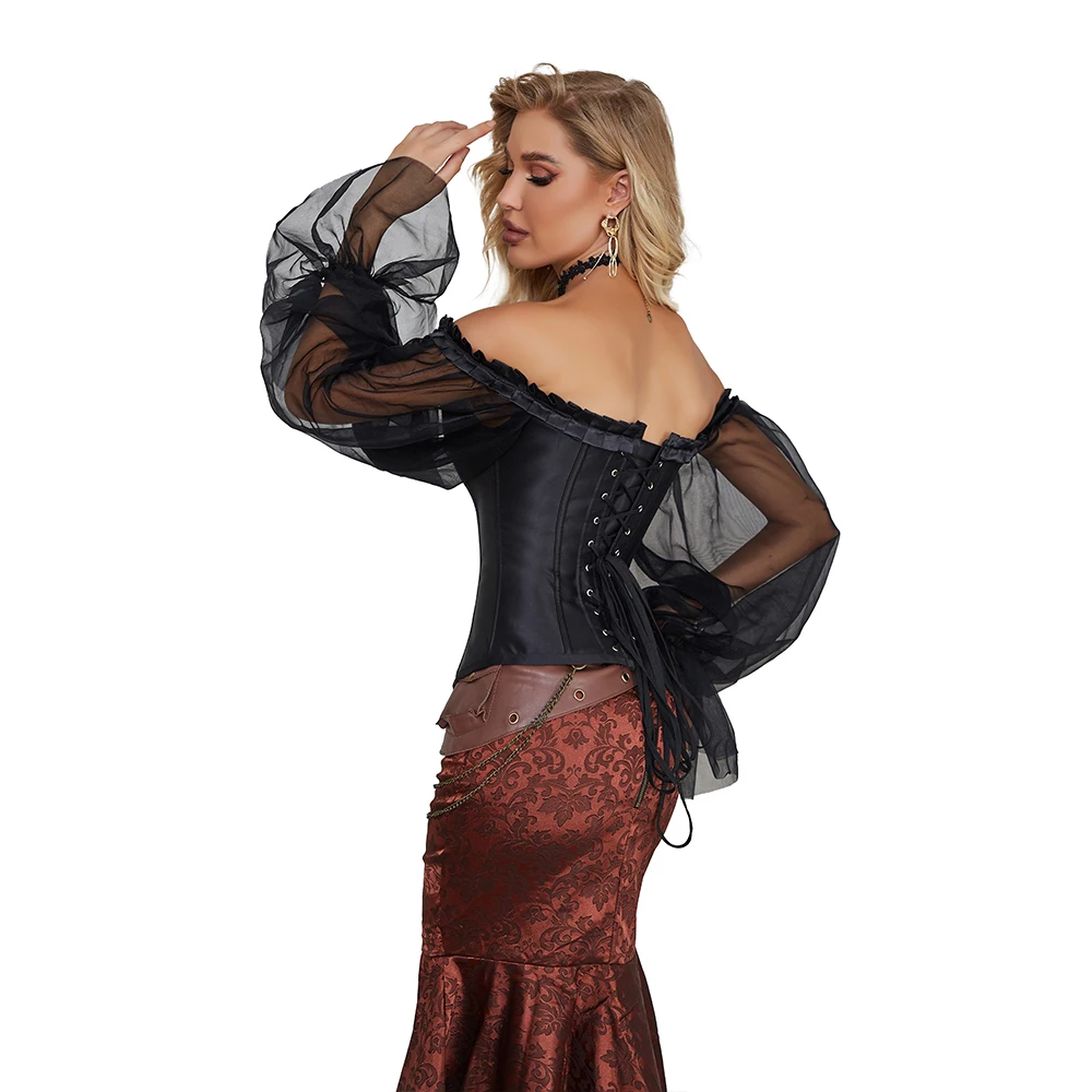 Off Shoulder Gothic Corselet Overbust Corset Black Sheer Long Sleeve Bustier Top Korset Basques