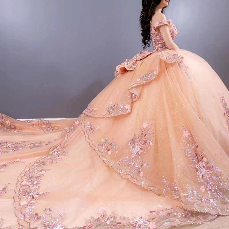 Розовое блестящее платье Quinceanera, бальное платье с открытыми плечами, аппликация с блестками, кружево, бусины, бант, тюль, корсет, милое платье 16, Vestidos 15