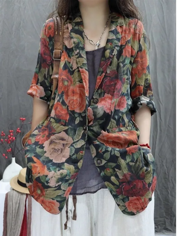 بدلة نسائية كلاسيكية من القطن والكتان Jaet صيف 2025 مطبوعة بالزهور فضفاضة تناسب متعددة الاستخدامات ملابس مكتب طويلة قابلة للتنفس