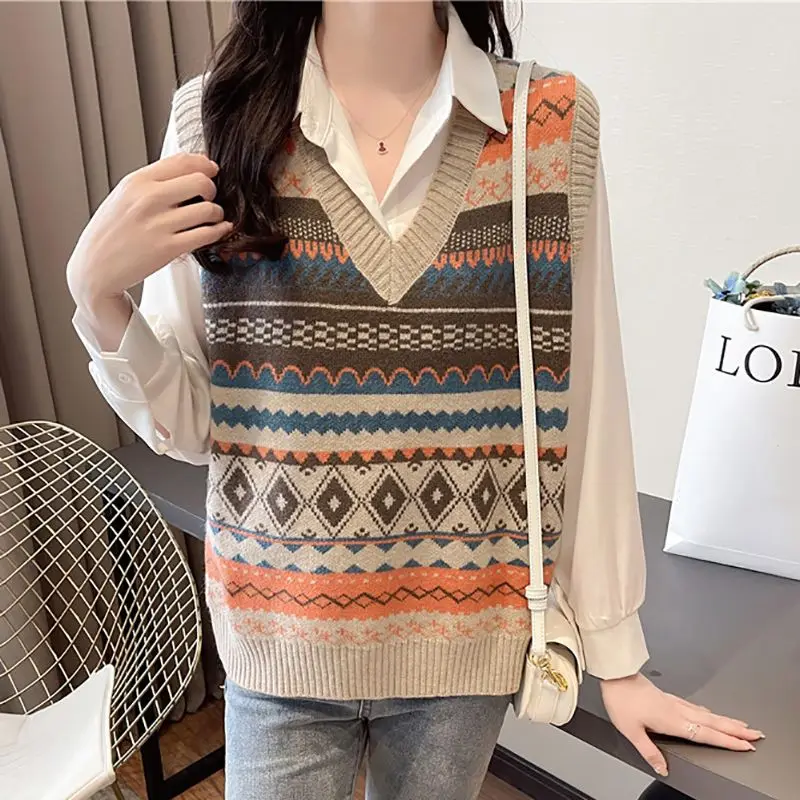 New Loose Knitted Vest Women\'s Spring and Autumn Outfit Without Sleeve Striped Hair Vests with Fashion Sweater