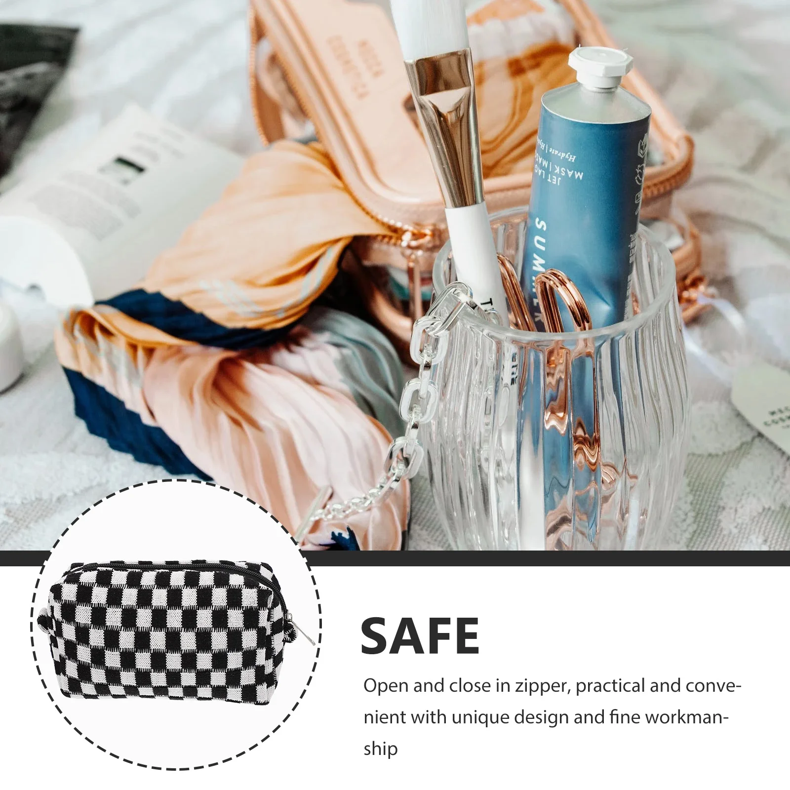 Bag Makeup Portable Toiletries Small Knit Storage Checkered Cloth Personal Care Stationery