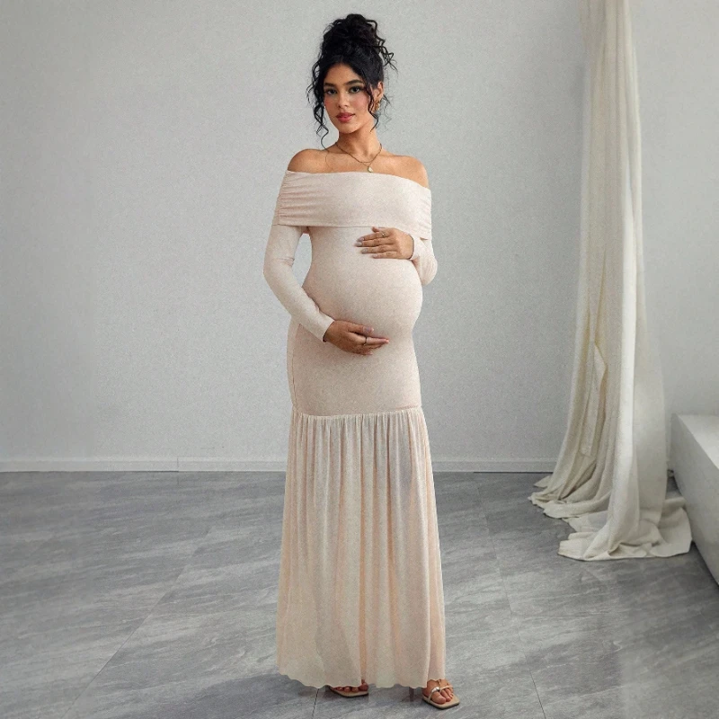 European and American Maternity Dress With One Collar Elegant Mesh Patchwork Dress Banquet Photo Maternity Dress