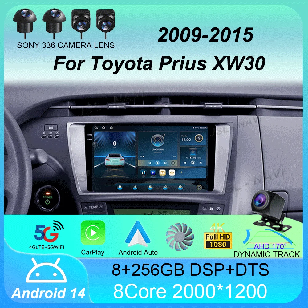 Car Radio Android 14 Carplay For Toyota Prius XW30 2009 2010 2011 - 2015 Navigation GPS Multimedia Player wifi+4G BT Auto 2 DIN