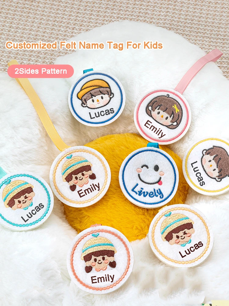

Customized Felt Embroidery Name Tag Sticker Cartoon Pattern For Kids Children Hanging On School Bag Cup Clothes Name Pendant