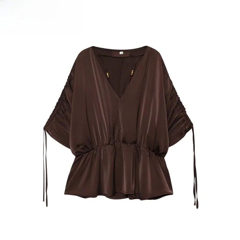 

Autumn New Women's irt V-ne Beaded Pleated Versatile Quali 2025 Sle Polyester Fiber ort Sve Loose Fit Breathable