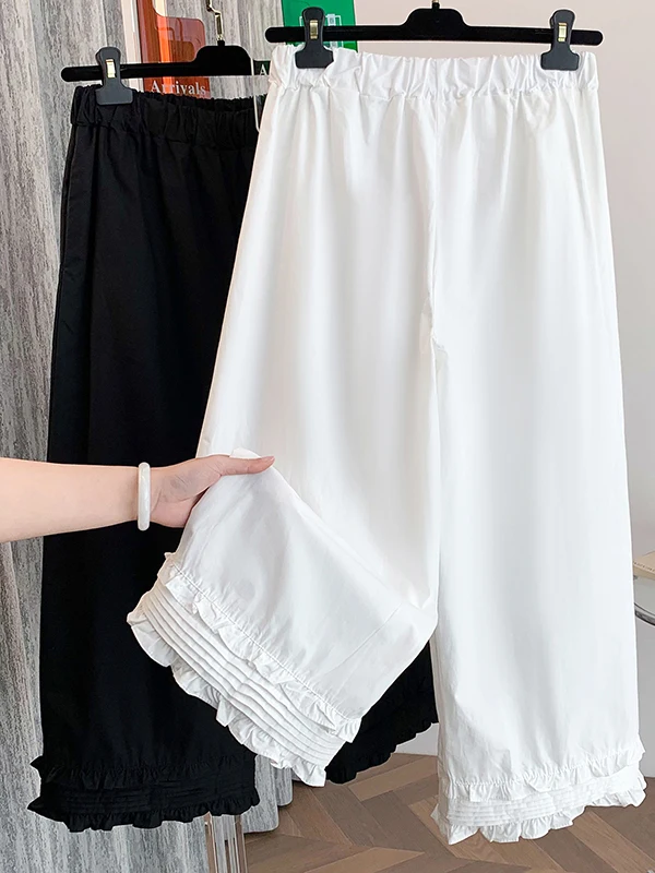 

Ele Vintage High Waist Draped Lace Trim Wide Leg Pants Casual White Loose Fit Straight Cut Trousers for Women