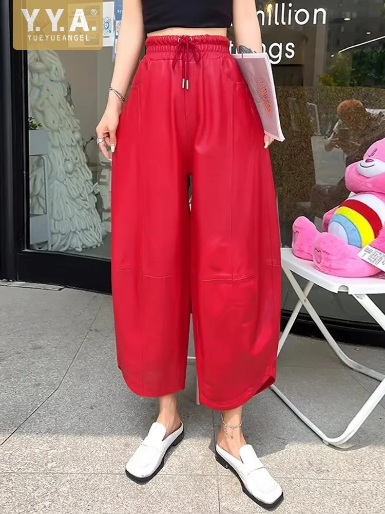 Women Loose Fit Baggy Harem Pants Elastic Waist Sheepskin Genuine Leather Drop Crotch Cross Pants Casual Ankle Length Trousers