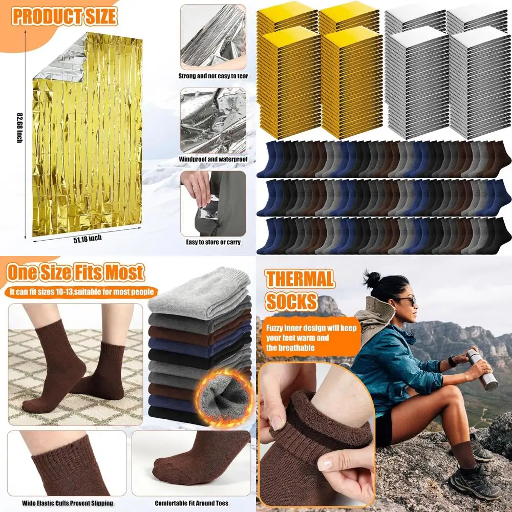 

96 Pcs Emergency Blanket Thick Socks Winter Bulk Homeless Survival Care Supplies Kit for Cold Weather Outdoor Camping Hiking (Ne