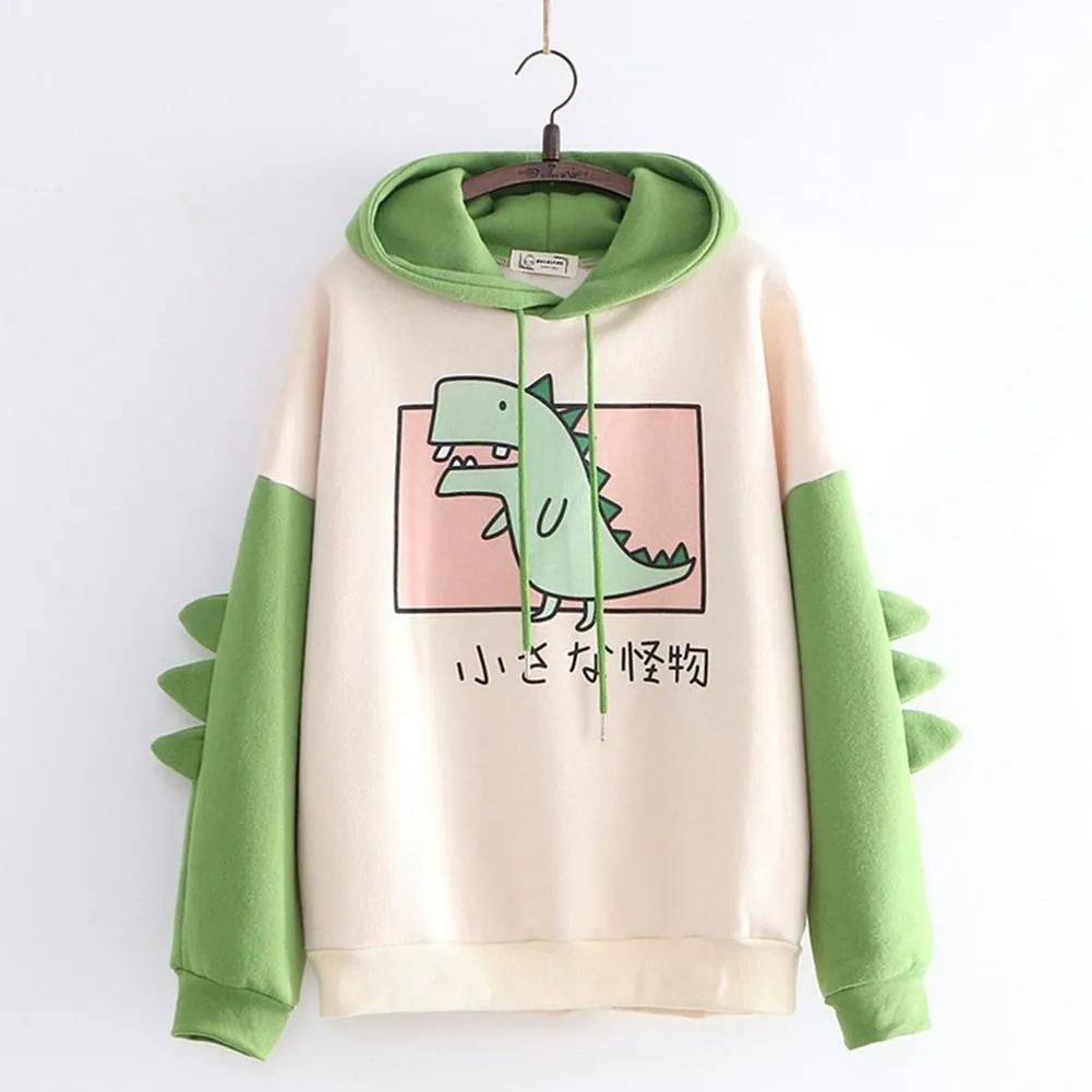 

2023Autumn/Winter Dinosaur Print Contrast Hooded Cute Campus Style Sweater Women's Pullover Korean Thin Edition