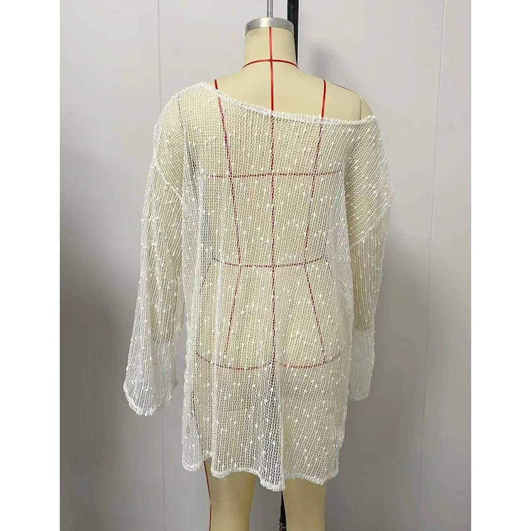 Langarm-Strandkleidung für Damen, ausgestelltes, einfarbiges, gehäkeltes, gestricktes Tunika-Strandkleid, Strand-Cover-up, Strandkleid, Strandmode für Damen V7577 – Detail 20