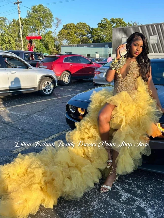 

Yellow Glamorous Black Girl Wedding Dress Customized Luxury Sexy Bridal Gown Crystal Appliqué Evening Gown Formal Occasion Dress