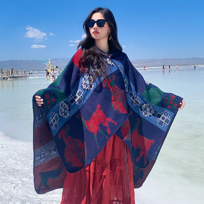 秋と冬のフェイクカシミヤポンチョエスニックスタイルラップ旅行特大居心地の良いスカーフ厚く暖かいアウターケープP2