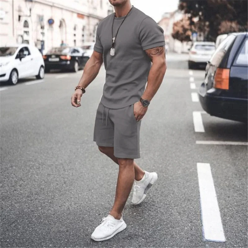 Summer Beach Men\'s Tshirt Set 3D Print Solid Color Men Woman Round Neck T-Shirt Shorts Two Piece Set Casual Man Suits Clothing