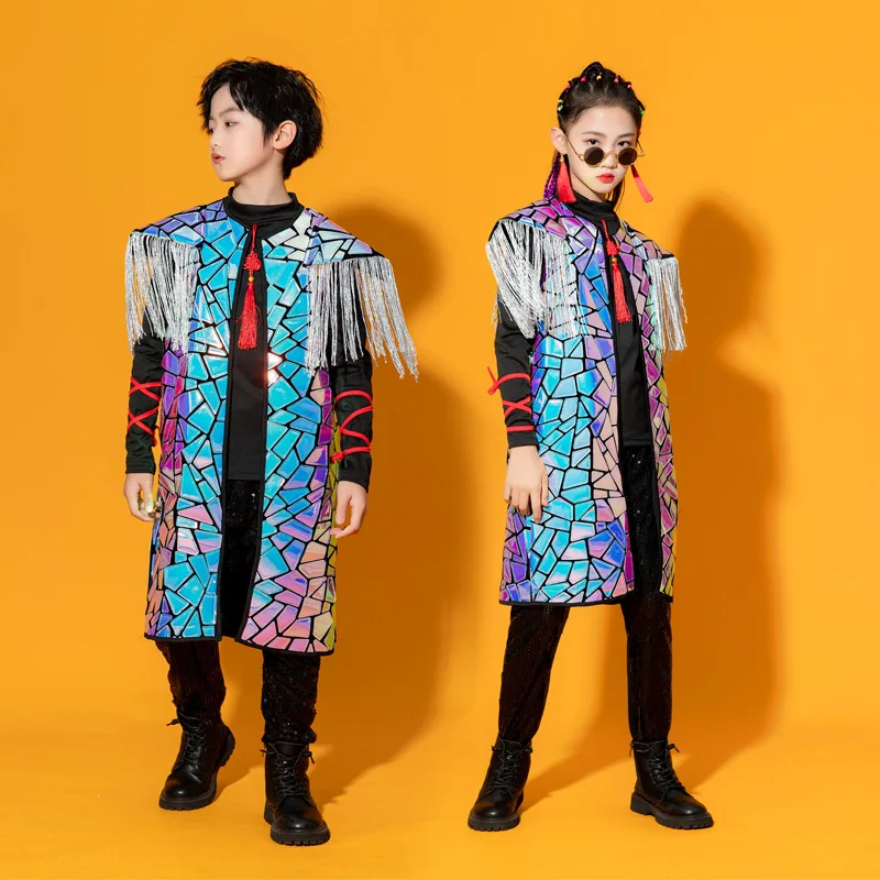 Disfraz de espejo láser para niños y adultos, ropa de pasarela, capa con flecos, ropa de baile de Jazz Hip Hop para niñas, ropa de concierto de salvia