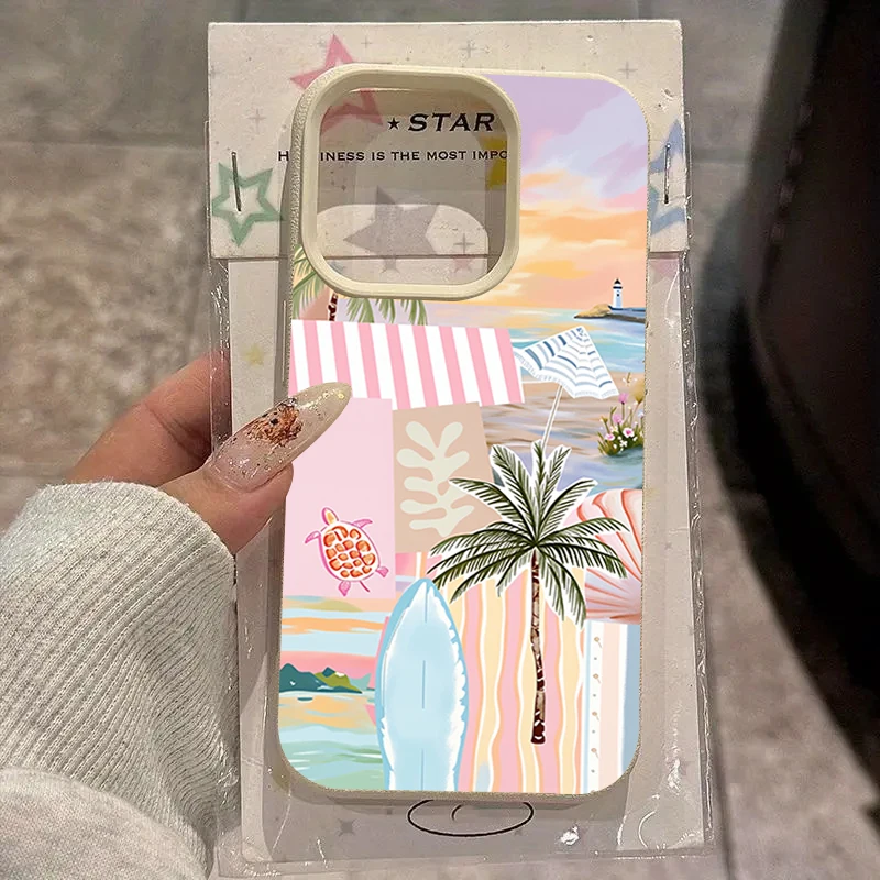 Simple Summer Palm Tree Pattern Lychee Texture Phone Case For iPhone 17 Pro Max 11 12 13 14 15 16 Pro 15 Plus 17 Air Soft Cover