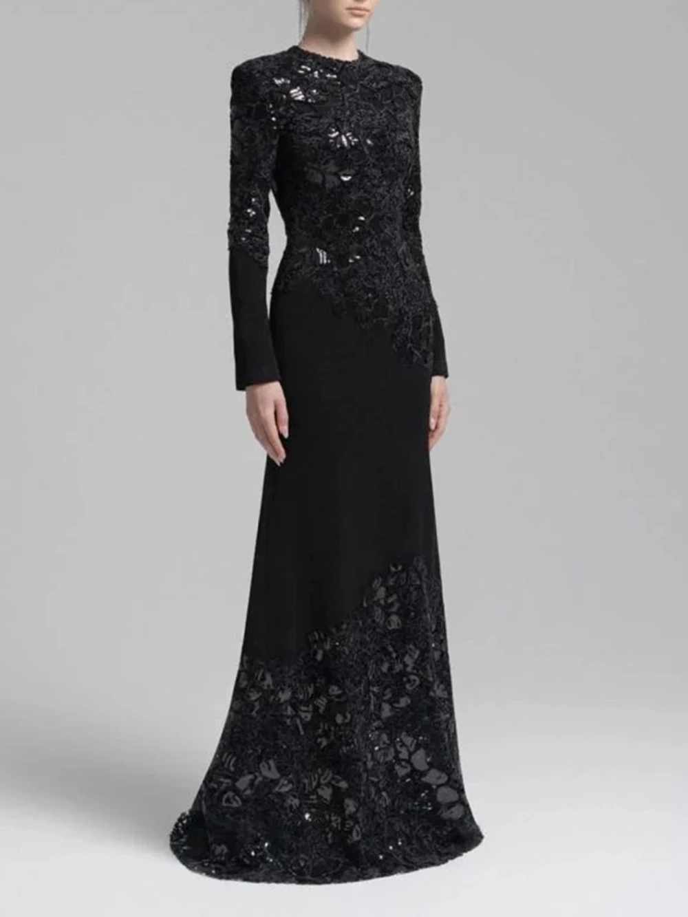 Abito lungo maxi a maniche lunghe sottile con paillettes in rete impiombata da donna Modphy tinta unita elegante