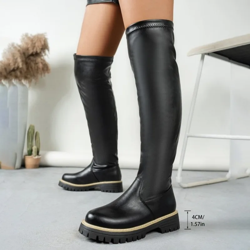 

2026 Autumn Cowhide Metal Buckle Knee High Boots Round Toe Lower Heel Slip-on Riding Boots Large Size Women Boot Plus Size 41 42