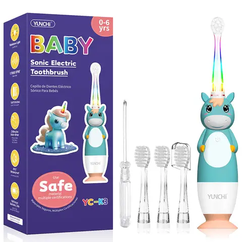Spazzolino elettrico sonico per bambini con simpatica copertura per unicorno Setole morbide in microfibra 4 testine Timer LED intelligente Alimentato a batteria