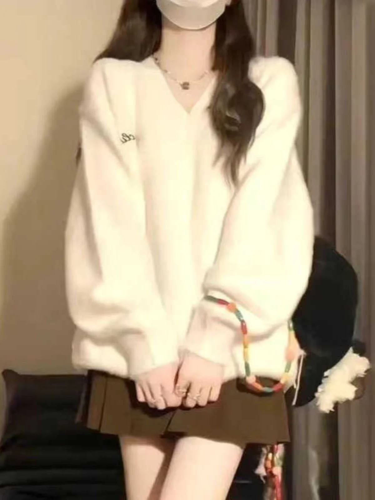 

Women's Loose V-Ne Knitted Sweater Faux Mink Autumn Winter Lazy Sle Outerwear Comfortable College Sle Loose Top