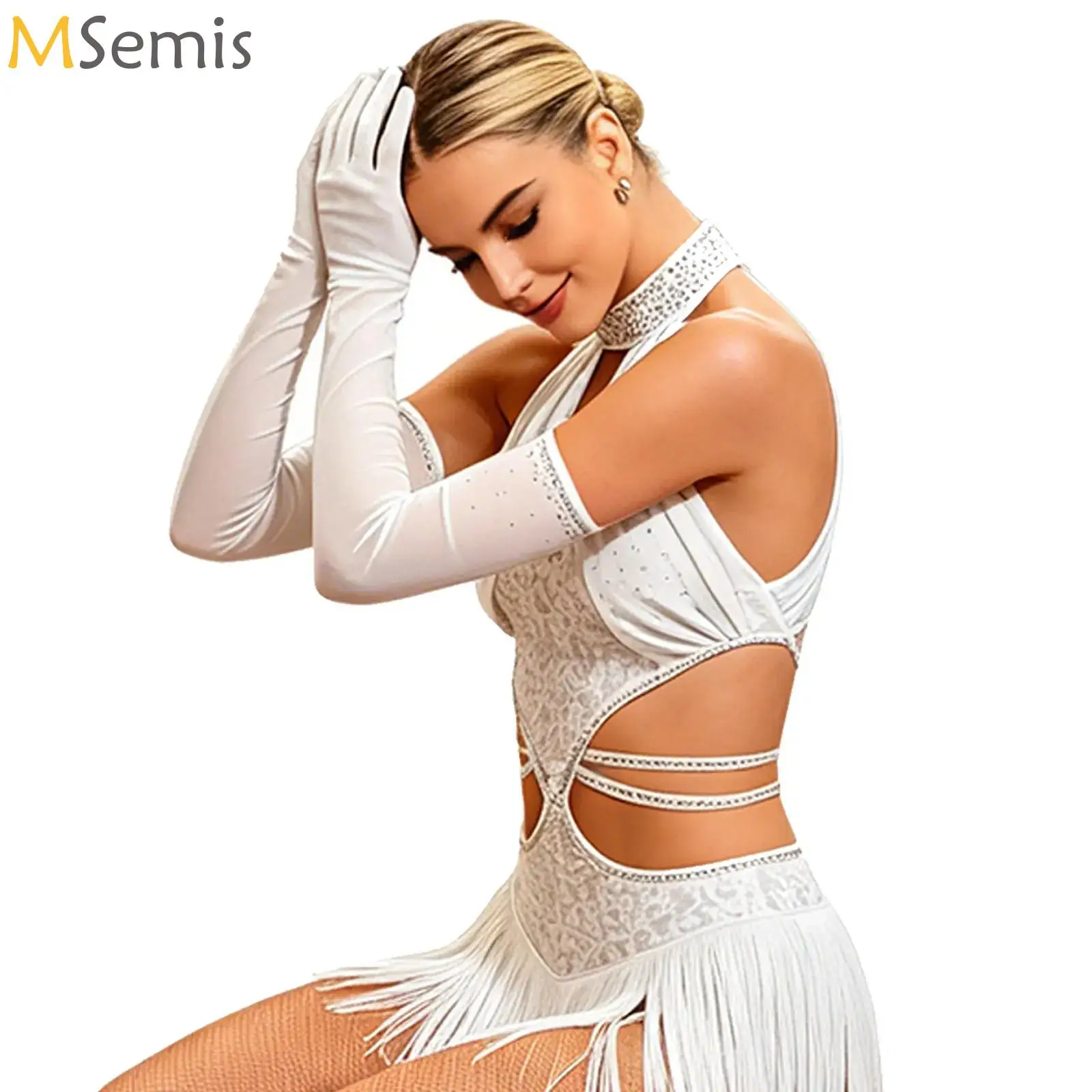 

Women Latin Ballroom Dance Fringed Dress with Long Gloves Sleeveless Strappy Tassel Sequined Dress for Performance Competition