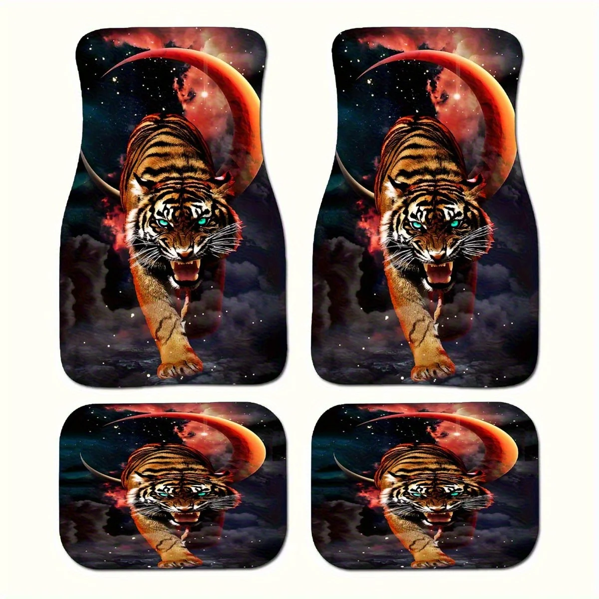 4pcs Tiger And Moon Print Car Floor Mat Set - Premium Crystal Velvet Vehicle Floor Mats, Full Front And Rear Coverage, Car Inter