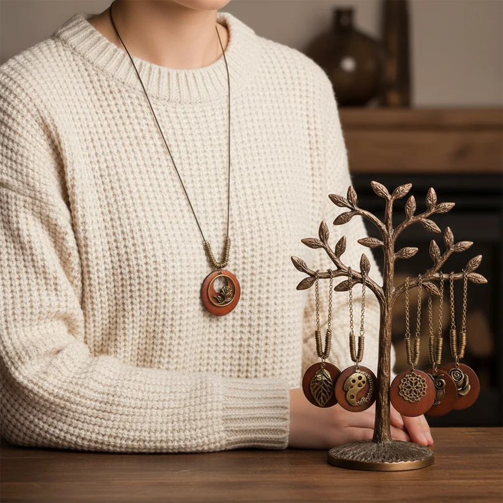 Women Vintage Ethnic Round Wooden Leaf Owl Long Sweater Chain Necklace Clock Pendant Female Jewelry Neck Accessories Gifts