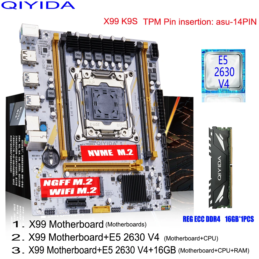 QIYIDA X99 Motherboard Set LGA 2011-3 Kit With Xeon E5 2630 V4 CPU DDR4 16GB REG ECC Memory NVME NGFF M.2 wifi X99C612 chip TPM