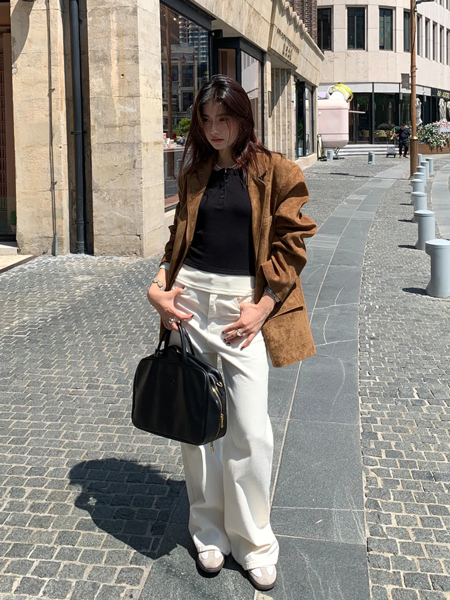 

Luu белые прямые джинсы женские весенне-осенние повседневные утягивающие широкие брюки с высокой талией из хлопка стрейч