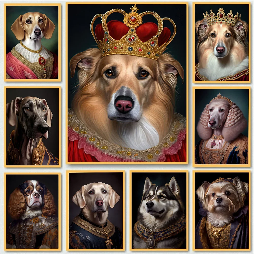 Funny Dogs Renaissance Portrait Poster Prints for Living Room Home Decor Middle Ages Noble Animal Canvas Painting Wall Art Gift