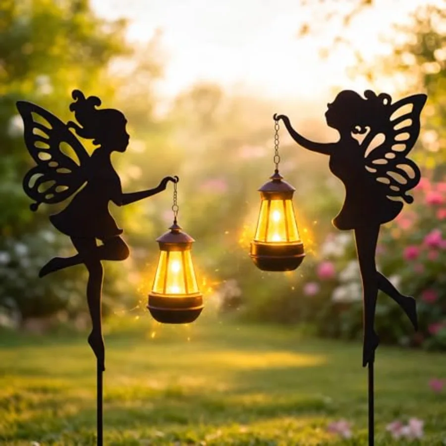 

Solar Fairy Garden Accories Outdoor 1 Pair - Metal Stakes Decorative Figurines Housewarming Ornament for Patio, Lawn, Yard, Pat