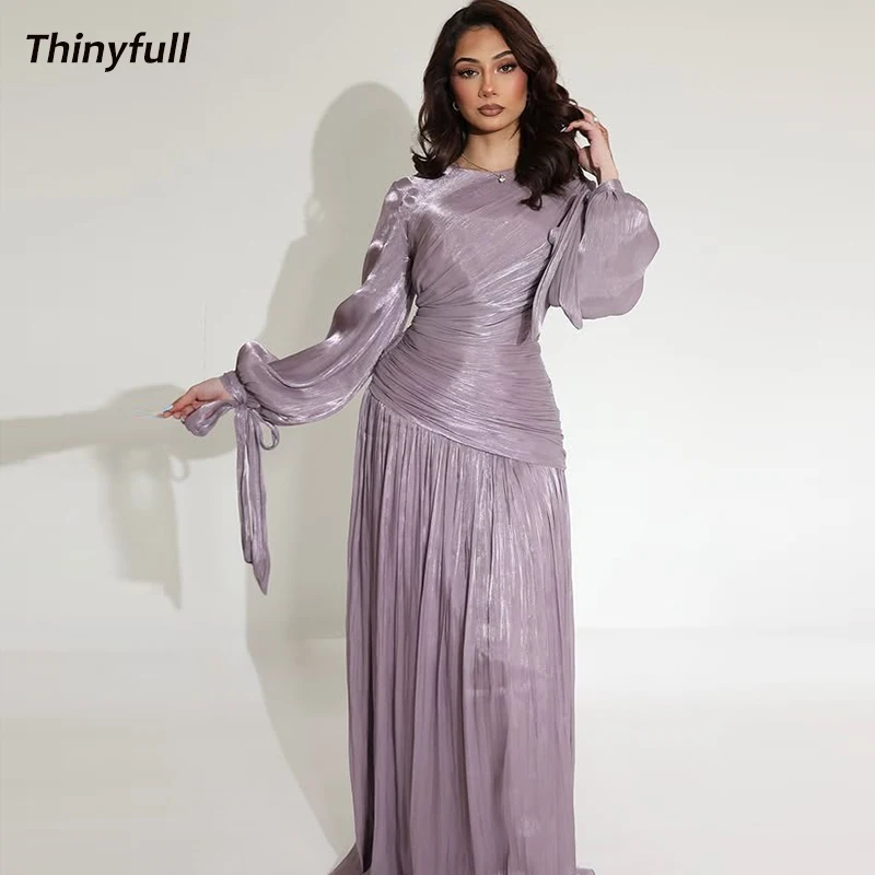 

Thinyfull A-line Arab Prom Dresses Full Sleeves O-neck Evening Party Gown 2025 Dubai Long Dress robes de soirée Customized